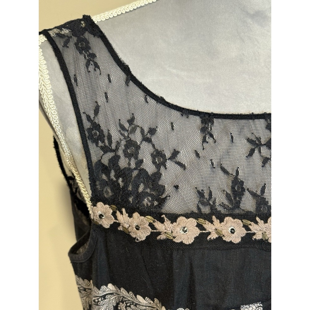 FREE People Linen Blend Black Taupe Embroidered Peacock Mini Boho Dress Sz 12 - Picture 4 of 10